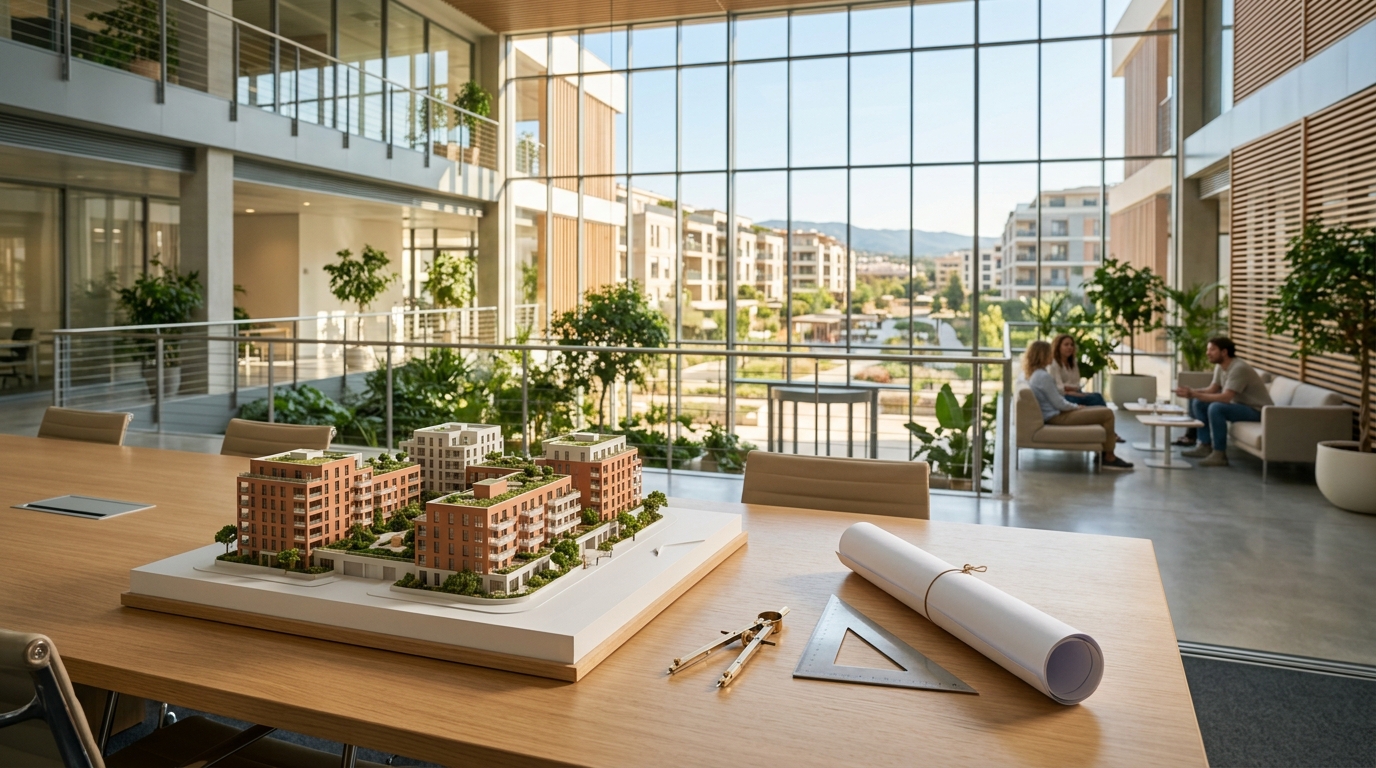 Maqueta arquitectónica de edificios residenciales sostenibles sobre mesa de reuniones con planos y herramientas de diseño urbanístico